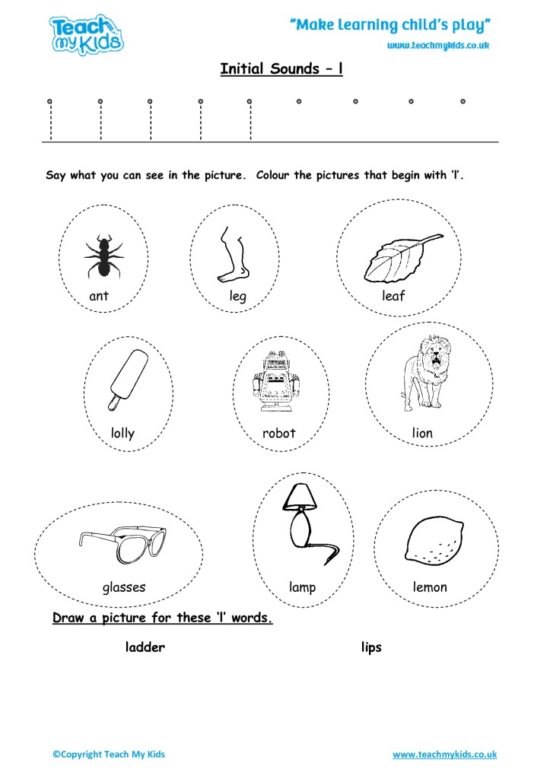 Worksheets for kids - initial sounds-l